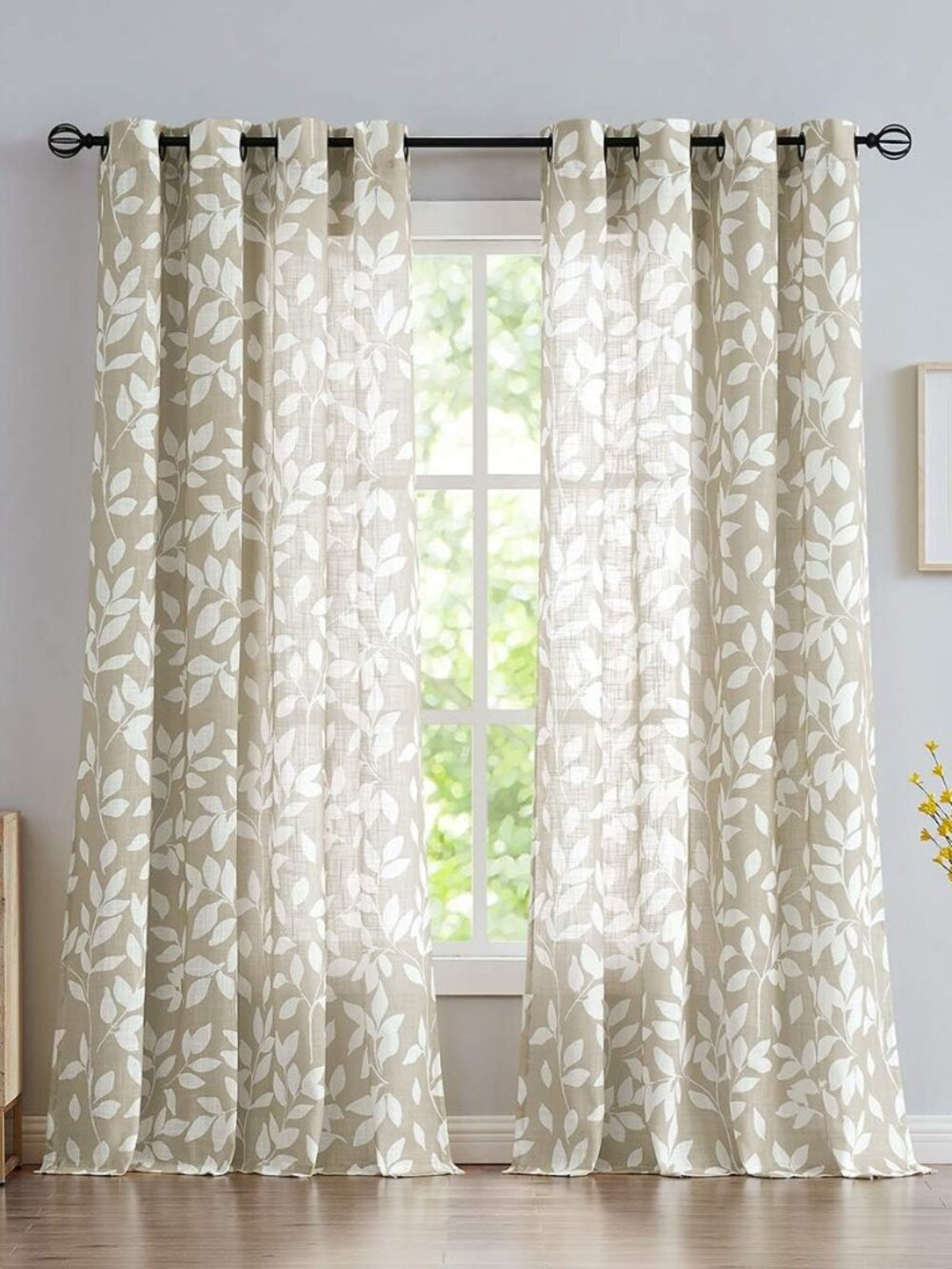 Leaf Print ✨ Semi-Sheer Curtains 52x84" Taupe 2-Pack Grommet Top NWOT